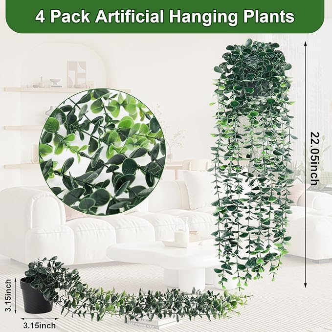 4pcs Artificial Hanging Eucalyptus Plants，Fake Plants Eucalyptus Small Decor Faux Hanging Vine Plants Wall Greenery for New Home Decoration，for Floating Shelf Indoor Outdoor