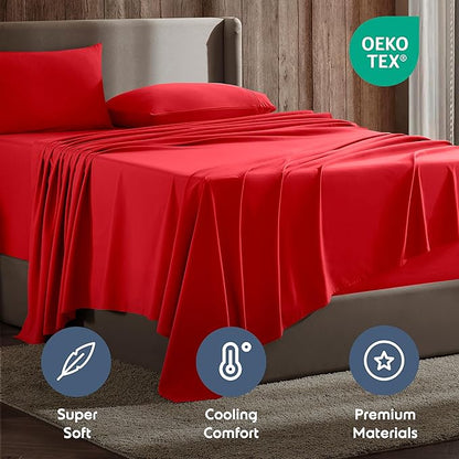 Nestl Queen Sheet Set - Luxury 1800 Ultra-Soft Microfiber Bed Sheets - Double Brushed - Deep Pockets - Easy Fit - 4 Piece Set - Bedding Sheets & Pillowcases (Queen, Red)