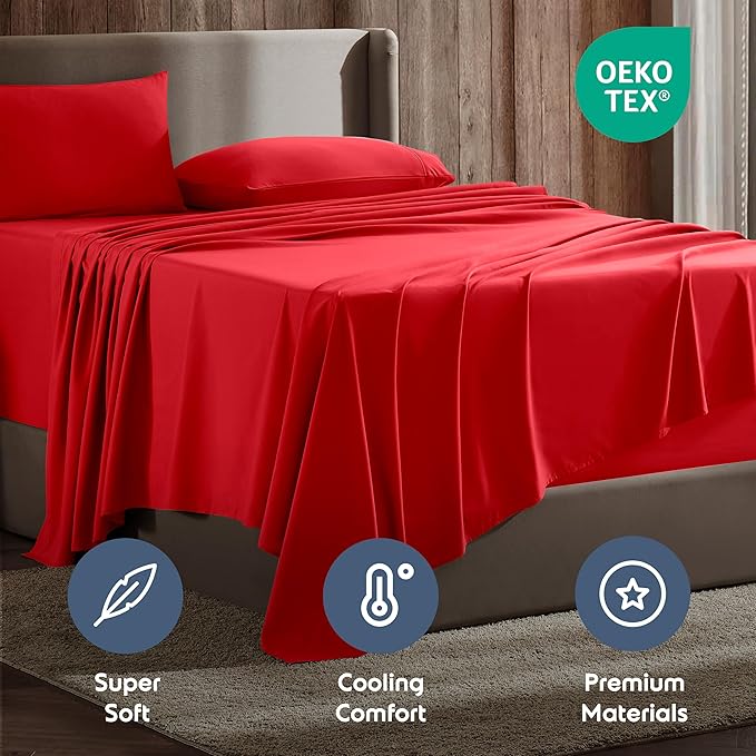 Nestl Short Queen Sheet Set - 1800 Ultra-Soft Microfiber - Double Brushed - Deep Pockets - Easy Fit - 4 Piece Set - Bed Sheets (Short Queen, Red)