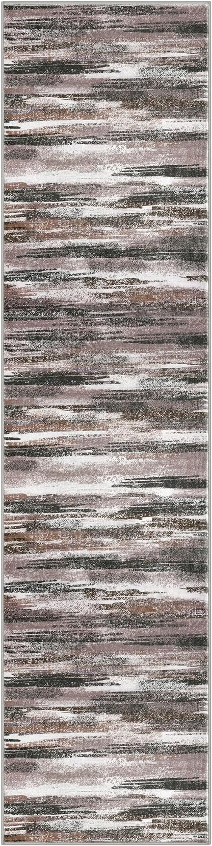 Modern Abstract Runner Rug 2.6x10, Dark Light Brown White Washable Long Kitchen Runner Non-Slip Soft Hallway Rug Runner Thin Print Faux Wool Carpet for Entryway Bedroom Laundry Room Indoor