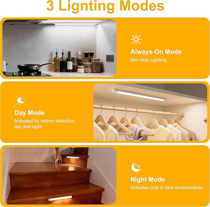 8 Inch Under Cabinet Lighting, 2 Pack Rechargeable Motion Sensor Light, USB Wireless Indoor Closet Lights, 3 Color & 5 Level Dimmable, Easy Installation Lights for Kitchen, Pantry, Stairs
