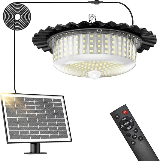 Solar Shed Light Indoor Outdoor, 396LED 360° Lighting Waterproof Solar Powered Pendant Light with Motion Sensor, 5 Modes, Remote & Timer, for Home Shed Chicken Coop Barn Shop Gazebo Garage