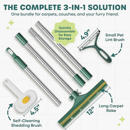 Carpet Rake for Pet Hair Removal, 60” Long Handle – Heavy-Duty Pet Hair Remover for Carpets, Rugs & Mats