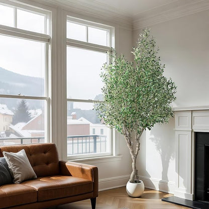 Artificial Olive Tree 8FT, Indoor Fake Silk Plant with Realistic Trunk, Leaves, Fruits and White Planter, Faux Potted Tree for Home Decor and Housewarming Gift, 1 Pack