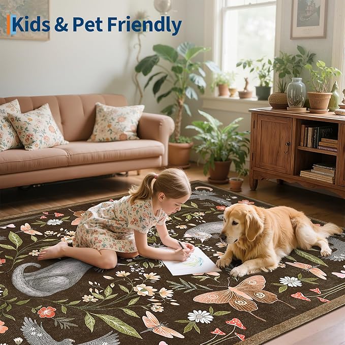 GarveeHome 4x6 Cat Washable Area Rug for Nursery Room, Mushroom Floral Brown Bedroom Rug Non Slip Low Pile Butterfly Carpet Stain Resistant Throw Rug for Dorm Kids Room Office Dining Room