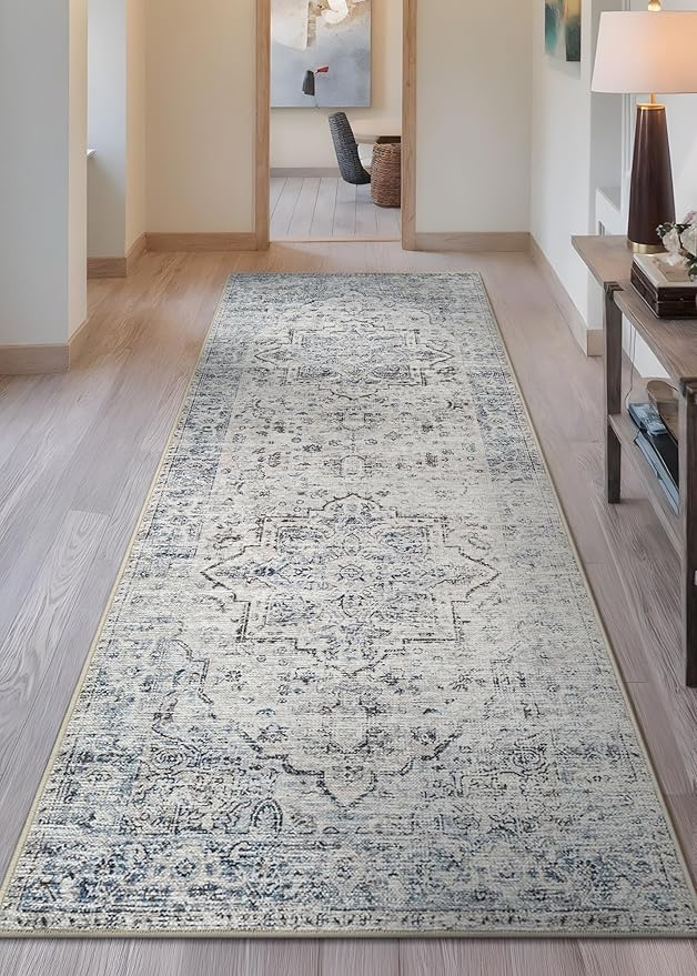 Bloom Rugs Caria Washable Non-Slip 12 ft Runner - Ivory/Blue/Gray Traditional Runner for Entryway, Hallway, Bathroom, and Kitchen - Exact Size: 2'6" x 12'