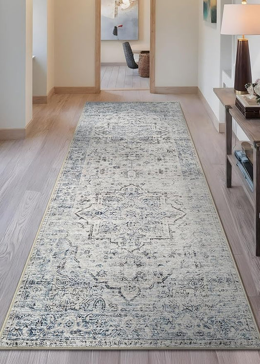 Bloom Rugs Caria Washable Non-Slip 12 ft Runner - Ivory/Blue/Gray Traditional Runner for Entryway, Hallway, Bathroom, and Kitchen - Exact Size: 2'6" x 12'