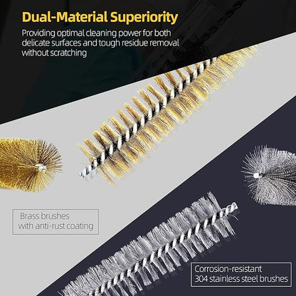 16Pcs Stainless Steel & Brass Wire Tube Brushes Bottle Brush Set,12" Long Wire Bore Brushes for Deep Cleaning Pipes,Tubes,Narrow Spaces, Engine Parts, Home Brew(1/4"-1" Sizes)