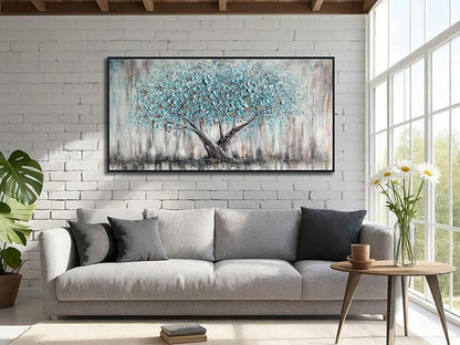 Arjun Framed Blue Tree Canvas Wall Art for Living Room Tree of Life Abstract Bedroom Textured Painting, Nature Picture Landscape Artwork Home Office Decor, Black Wood Large 40"x20"