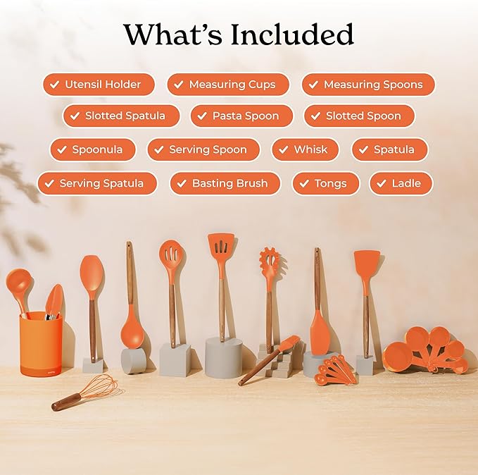 Silicone Kitchen Utensils Set & Holder: Cooking Utensils Set - Kitchen Essentials for New Home & 1st Apartment- Silicone Spatula Set, Cooking Spoons for Nonstick Cookware (Acacia Wood, Oange)