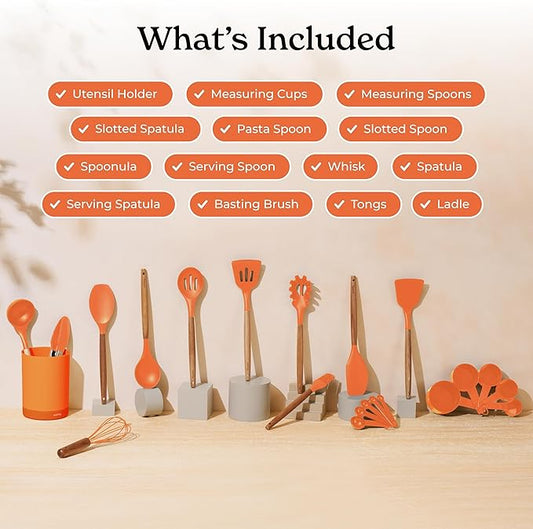 Silicone Kitchen Utensils Set & Holder: Cooking Utensils Set - Kitchen Essentials for New Home & 1st Apartment- Silicone Spatula Set, Cooking Spoons for Nonstick Cookware (Acacia Wood, Oange)