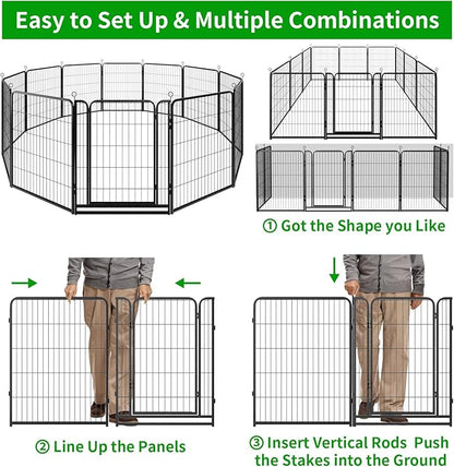 Dog Playpen Outdoor Extra Wide 12 Piece Panels Heavy Duty Anti-Rust Coating-Strengthened Dog Fence 40" Height with Doors Portable for RV Camping Yard, Total 32FT, 79 Sq.ft, Snowy Black