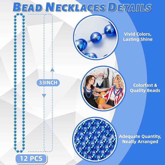 YAXINRUI 12 PCS Blue Bead Necklaces, Mardi Gras Christmas Bead Necklaces, Blue Patriotic Necklace, 33 Inch Round Beaded Necklaces for Mardi Gras Christmas 4th of July Festive Events