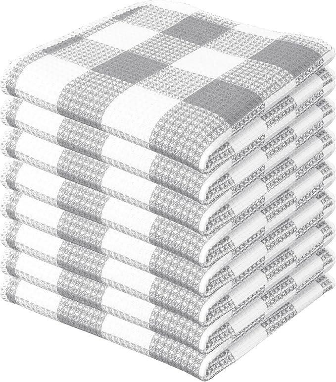 Waffle Weave Plaid Dish Cloths, 100% Cotton - 12 x 12 Inches, Ultra Soft Absorbent Quick Drying Dish Towels Buffalo Check Dish Rags for Kitchen, 8 Pack - Fall Thanksgiving - Grey & White
