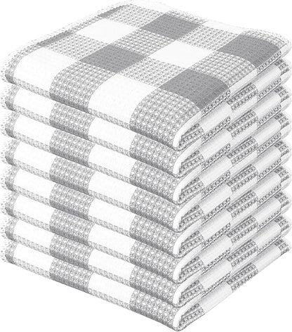 Waffle Weave Plaid Dish Cloths, 100% Cotton - 12 x 12 Inches, Ultra Soft Absorbent Quick Drying Dish Towels Buffalo Check Dish Rags for Kitchen, 8 Pack - Fall Thanksgiving - Grey & White