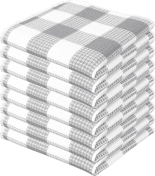 Waffle Weave Plaid Dish Cloths, 100% Cotton - 12 x 12 Inches, Ultra Soft Absorbent Quick Drying Dish Towels Buffalo Check Dish Rags for Kitchen, 8 Pack - Fall Thanksgiving - Grey & White