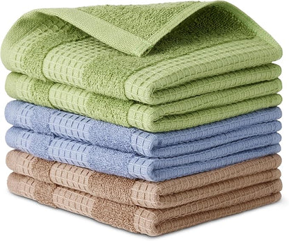 Amazon Basics Organic Cotton Waffle Kitchen Dish Cloths - Ultra Absorbent, Quick Drying, Lint-Free, 12 x 12 inches, 6-Pack (2 Brown, 2 Green, 2 Navy)