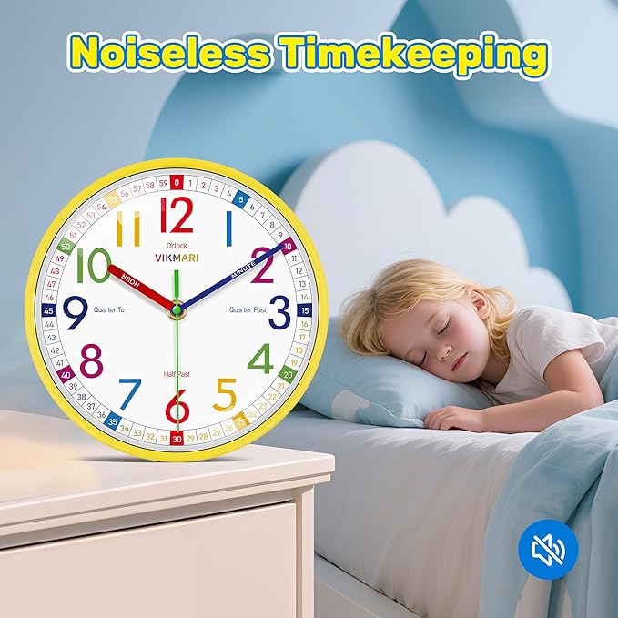 VIKMARI Learning Clock for Kids - Small Silent Non-Ticking Colorful Teaching Clocks Telling The Time for Teaching Time-Decorative Clocks for Kids Room Classroom School Playroom (8 Inch)