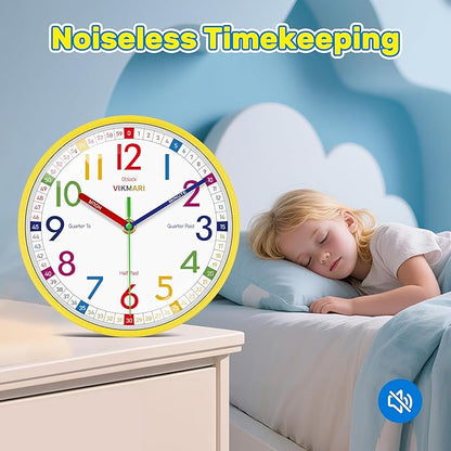 VIKMARI Learning Clock for Kids - Small Silent Non-Ticking Colorful Teaching Clocks Telling The Time for Teaching Time-Decorative Clocks for Kids Room Classroom School Playroom (8 Inch)
