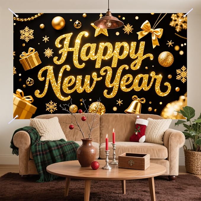 Nuxovilar Happy New Year Banner, Golden Opulent Elements Backdrop for Party Decorations, 71x43 Inch