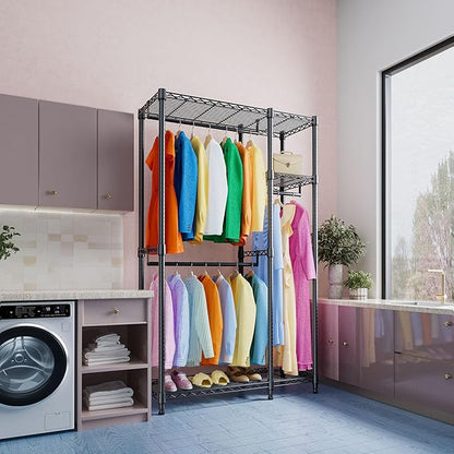 IZEUK 2 Combination Heavy Duty Garment Rack Wire Clothes Rack for Hanging Clothes, Metal Freestanding Closet Wardrobe Rack with 3 Rods Black 15.7" D x 43.3" W x 76.5" H