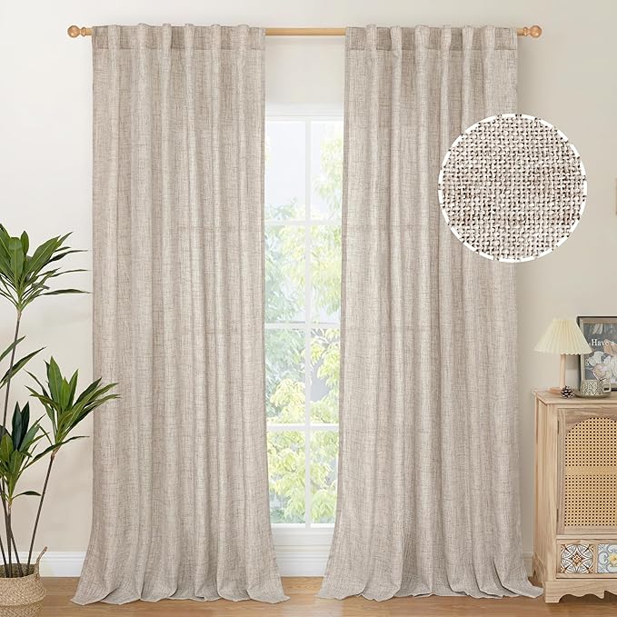 YoungsTex Linen Curtains 108 Inch Long for Living Room Rod Pocket Textured Window Drapes Light Filtering Floor Length for Dining Room Ring Clipes, 52 X 108 Inch, 2 Panels