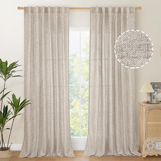 YoungsTex Linen Curtains 108 Inch Long for Living Room Rod Pocket Textured Window Drapes Light Filtering Floor Length for Dining Room Ring Clipes, 52 X 108 Inch, 2 Panels