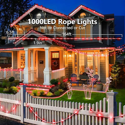 KNONEW 164FT 1000LED Rope Lights for Outside,Outdoor String Lights Waterproof 8 Modes Clear Tube Light for Indoor,Bedroom,Wedding,Garden,Patio,Christmas,Tree,Rv,Holiday Decoration(Red)