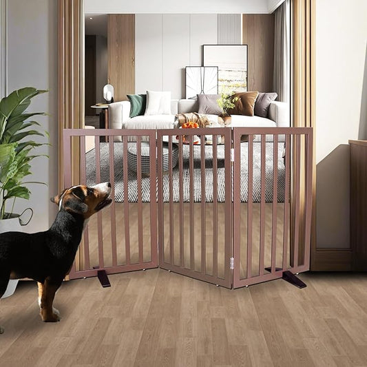 Dog Gate Indoor, Freestanding Dog Fence for The House, Doorways, Hallways,or Stairs,Pet Gate Foldable Wooden,Expandable 32" Height 3 Panels,Brown