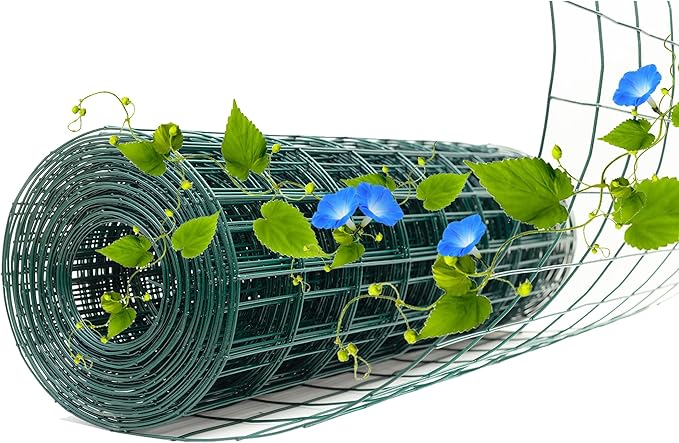 Green Metal Garden Fence, 24inch(H) x 50ft(L), 2 inch x 4 inch,12.5GA 2/3/4/5/6 Ft Tall Chicken Wire PVC Coated Welded Wire Mesh Roll for Dogs Border Yard Vegetable Plant Protection Poultry Netting