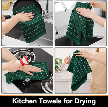 Mordimy 100% Cotton Terry Cloth Kitchen Towels, Super Soft and Absorbent Dish Towels for Drying, Checkered Designed Hand Towels for Kitchen, 16 x 26 Inches, 4 Pack, Dark Green