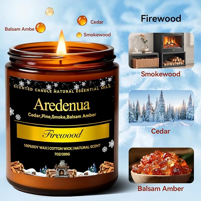 Winter Candles – Firewood Scented Candle | 7oz Soy Candles for Home Cozy Scented, Holiday Aromatherapy Candle | Winter Gifts for Women Men - 50H Clean & Long Lasting Burn