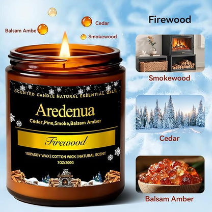 Winter Candles – Firewood Scented Candle | 7oz Soy Candles for Home Cozy Scented, Holiday Aromatherapy Candle | Winter Gifts for Women Men - 50H Clean & Long Lasting Burn