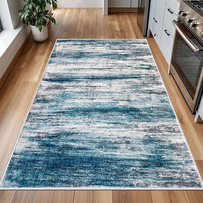 KOZYFLY 4x6 Area Rug Modern Ombre Rugs for Bedroom, Washable Rug Non-Slip Soft Striped Living Room Area Rug, Print Grey-Blue Abstract Carpet for Laundry Nursery
