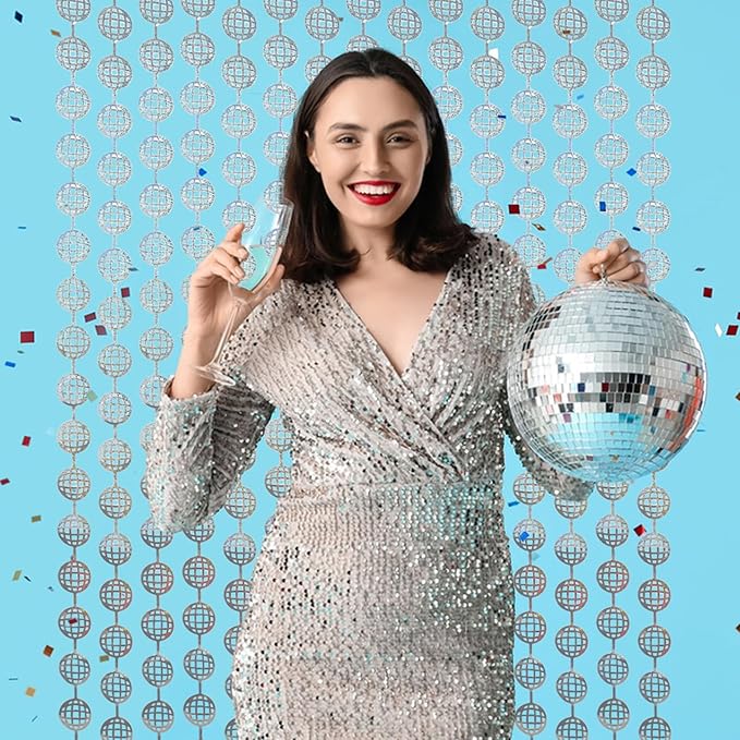 BRAVESHINE Hanging Balls Party Streamers Backdrop - 2 Pack Silver Tinsel Foil Fringe Curtains for Christmas/70s/80s/90s/Discoball/Birthdays/Bachelorette/Engagement/Music/Dance/New Years Decorations