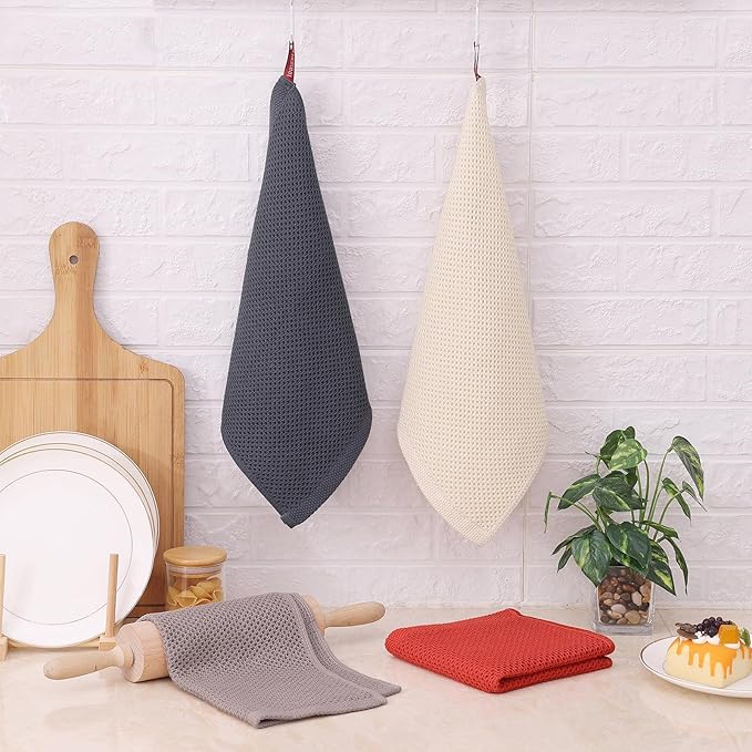 Kitinjoy 100% Cotton Kitchen Dish Cloths, 12 Pack Waffle Weave Ultra Soft Absorbent Dish Towels for Drying Dishes, Quick Drying Dish Rags, 12 X 12 Inch, Multicolor