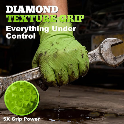 TitanFlex Heavy Duty Industrial Nitrile Gloves with Raised Diamond Texture, 8-mil, Latex Free, Powder Free (Green/Dark Green)
