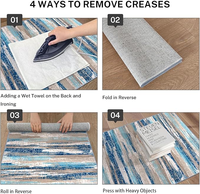 Modern Abstract Runner Rug 2.6x18, Blue Washable Long Kitchen Runner Non-Slip Soft Hallway Rug Runner Thin Print Faux Wool Carpet for Entryway Bedroom Laundry Room Indoor Home Decor