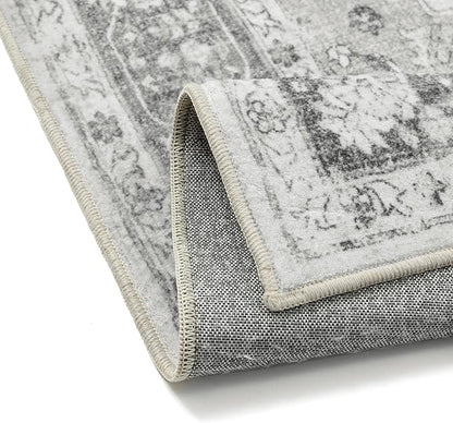 Gray 8x10 Area Rug Washable Vintage Living Room Carpet Non Slip Retro Distressed Low Pile Soft Oriental Medallion Thin Large Grey Throw Rug for Office Bedroom Dining Room Playroom