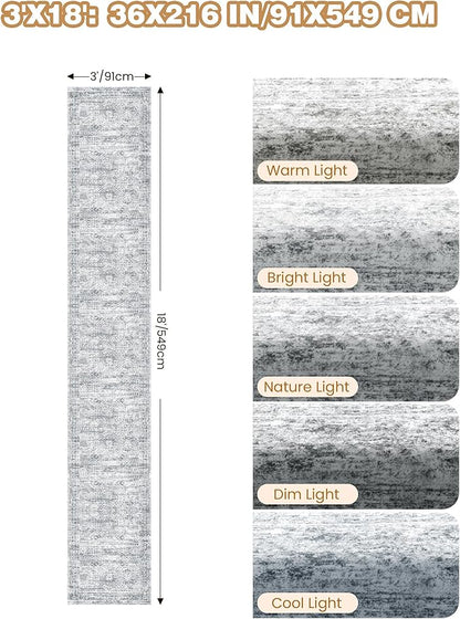 3x18 Washable Runner Rug for Hallway, Non-Slip Long Hallway Runner for Entryway, Soft Vintage Kitchen Mats for Floor, Abstract Dining Room, Bedroom, Living Room Rugs(3'x18', Grey/Ivory)