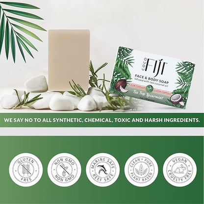 Coco Fiji Soap Bar for Face and Body Infused With Organic Coconut Oil, Tea Tree Spearmint, Essential Oil, Natural Soap for Moisturizing & Pore Purifying Skin, 7 oz,Pack of 2