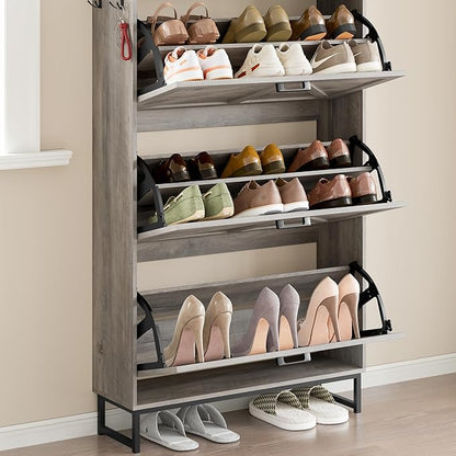 Shoe Cabinet with 3 Flip Drawers Narrow Shoe Storage Cabinet Organizer Wooden Freestanding Shoe Rack Hidden Slim Shoes Storage Cabinet for Entryway, Hallway, Living Room, Bedroom