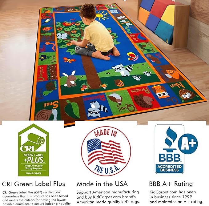 Forest Rug with Animal Alphabet, 7'6" x 12" Rectangle Educational Classroom Rug, Kids Learning Play Mat | Area Rug for Bedroom or Playroom
