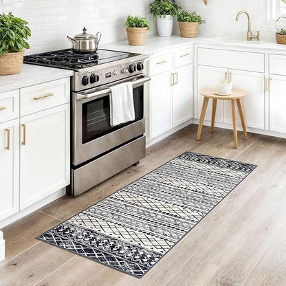 KUTA Moroccan Washable Runner Rugs 2x5, Non-Slip Vintage Black Navy Blue Boho Hallway Kitchen Rugs Ultra Soft Geometric Floor Carpet Runners for Bedroom Laundry Living Room