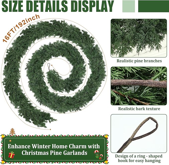 16ft Christmas Cedar Garland, Real Touch Pine Garland, Realistic Cypress Garlands Christmas Decorations for Mantel, Table, Stairs, Porch - Indoor Outdoor Xmas Holiday Decor