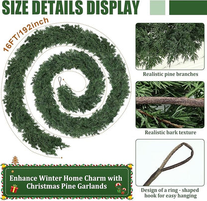 16ft Christmas Cedar Garland, Real Touch Pine Garland, Realistic Cypress Garlands Christmas Decorations for Mantel, Table, Stairs, Porch - Indoor Outdoor Xmas Holiday Decor