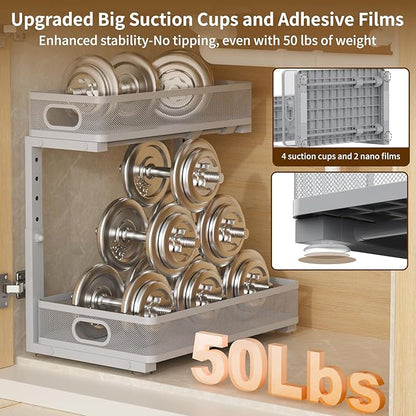 Under Sink Organizer 2 Pack, 2-Tier Slide Out Cabinet Organizer with Metal Sliding Drawer and Hooks, Pull Out Storage Baskets for Kitchen Bathroom Pantry Cabinet Organization (grey)