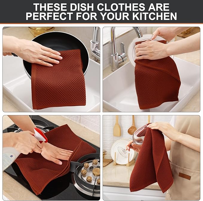 Kitinjoy 100% Cotton Waffle Weave Kitchen Towels, 4-Pack Super Soft and Absorbent Dish Towels for Drying Dishes, Kitchen Hand Towels, 13 in x 28 in, Rust