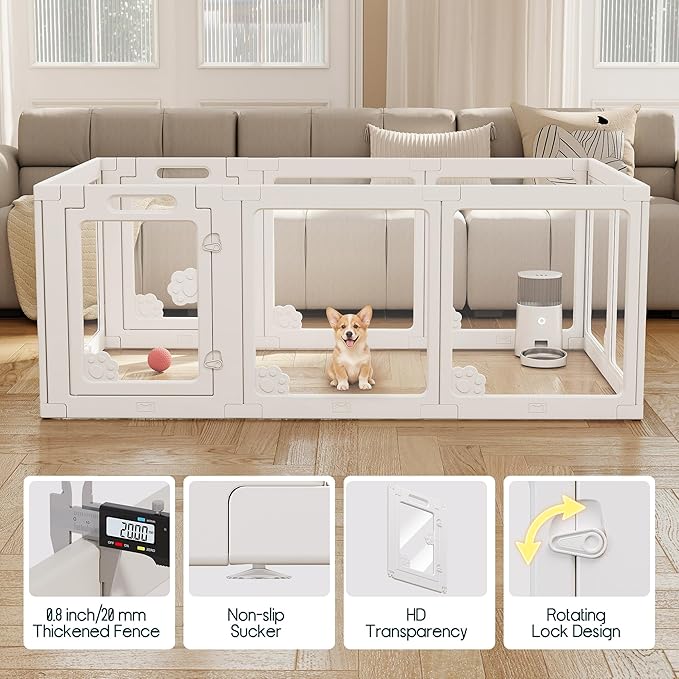 Albott Acrylic Clear Dog Playpen Indoor, Modular Puppy Cat Small Pet Play Pen with 2 Doors, Transparent Fence for Little Dogs, Cats, Rabbits, Easy Assemble and Disassemble, White (24" H, 10 pcs)