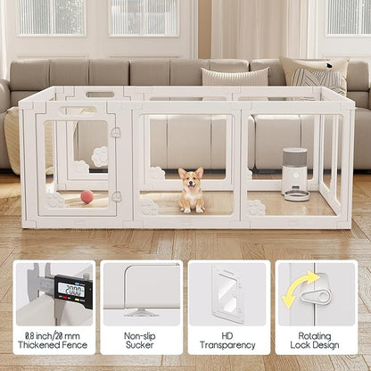 Albott Acrylic Clear Dog Playpen Indoor, Modular Puppy Cat Small Pet Play Pen with 2 Doors, Transparent Fence for Little Dogs, Cats, Rabbits, Easy Assemble and Disassemble, White (24" H, 10 pcs)